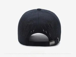 Detail view of the breathable laser-cut holes and adjustable metal buckle on the baseball cap