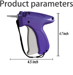 Detailed product dimensions of the purple tag gun showing 4.7 inch height and 4.5 inch width