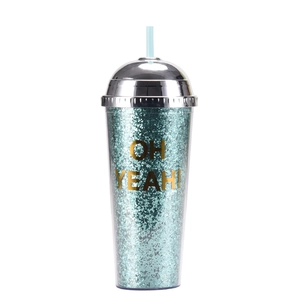Close-up of 24oz glitter double-wall cup with OH YEAH! text and teal sequins