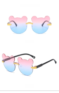Kids bear shaped rimless sunglasses with pink to blue gradient lenses and gold bridge