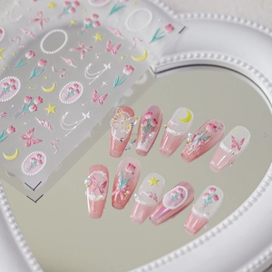 3D tulip and butterfly nail art stickers with pink floral embossed patterns on mirror