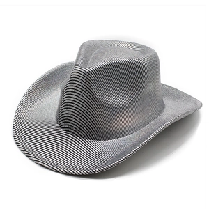 Silver western cowboy hat with black stripes and metallic luster for party wear