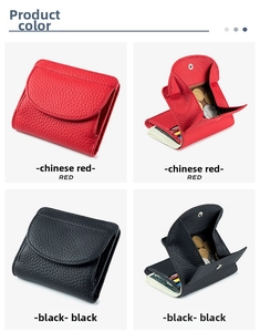 Dettaglio mini portafoglio in pelle rossa e nera con scomparto per monete e fessure carte