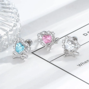 Exquisite bow heart stud earrings with micro-inlaid colorful zircons in silver finish