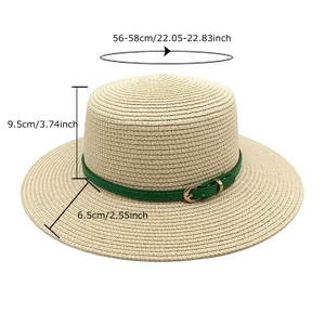 Chapeau de paille français avec ruban vert et guide des tailles détaillé sur blanc