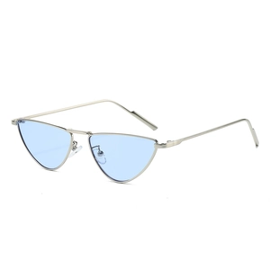 Silver metal cat-eye sunglasses with light blue lenses in a minimalist geometric design