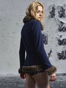 Slim fit dark blue coat with luxury faux fur trim on collar and cuffs for women