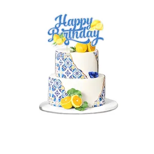 Blue glitter Happy Birthday cake topper with lemon patterns for summer party