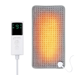 Grey plush heating pad with 9 heat levels and 4-level timer shown with digital controller
