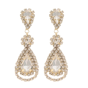 Elegant gold-tone teardrop tassel earrings with sparkling clear crystals in a vintage style