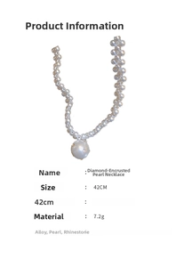 Detailed specs of double-layer rhinestone pearl necklace with size and weight info