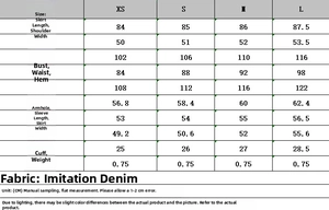 Size chart for women's denim mini dress with measurements in CM for XS to L sizes
