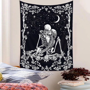 Gothic skull lovers tapestry with white roses and crescent moon wall hanging decor