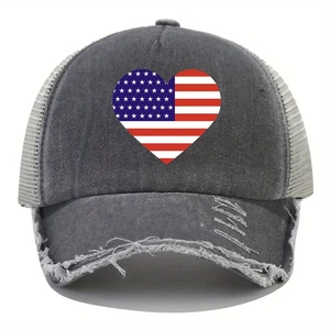 Distressed dark gray trucker hat featuring heart-shaped US flag and mesh back