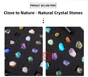 Detailed collection of 43 natural crystal specimens and mineral rocks in black foam tray