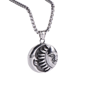 Vintage silver sun and moon pendant necklace with stainless steel box chain for men