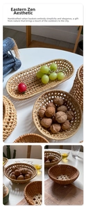 Close-up of handwoven rattan storage trays and baskets showing intricate natural textures