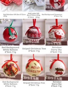Macro view of assorted Christmas ball ornaments featuring reindeer and snowman patterns