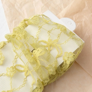 Detailed close-up of pale yellow lace socks with floral mesh patterns on a card