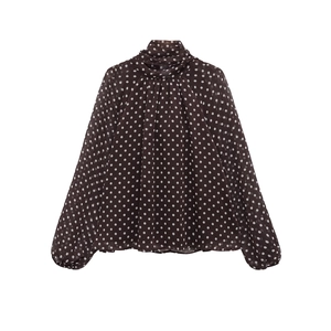 Women's black polka dot long sleeve blouse with puff sleeves and elegant high neckline
