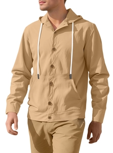 Detail of khaki linen long sleeve hooded shirt featuring button closure and drawstring hood