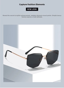 Close-up of rimless hexagonal sunglasses with gold metal temples and dark gray lenses