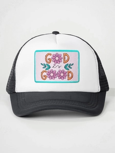 Detailed embroidery of God is Good with flowers on a black and white trucker hat