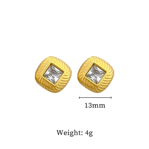 Golden titanium steel square stud earrings with princess cut zircon and 13mm diameter