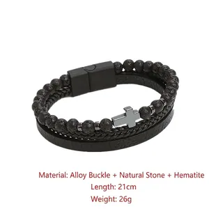 Men's natural lava stone and braided leather triple-layer bracelet with metal cross