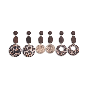 Retro geometric earrings set with wood and leopard print acrylic pendants