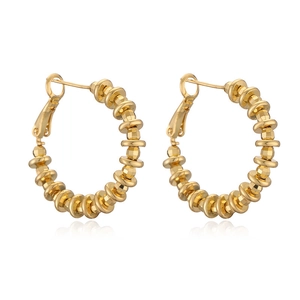 Detailed close-up of textured gold-plated C-shaped hoop earrings on a clean background