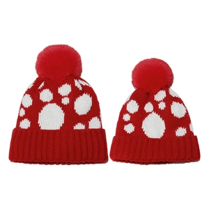 Polka Dot Strickmütze Mit Großem Kunstpelz Bommel Warme Winter Skimütze Pilz Stil Für Erwachsene Und Kinder