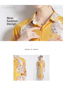 Detail of yellow floral maxi dress featuring shirt collar, colorful print and waist belt