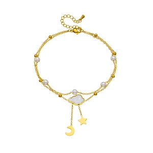 Gold double-layered anklet with white cloud charm and pearl beads for beach vacations