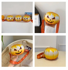 Macro view of pumpkin cross-body bag details and jack-o'-lantern face expressions
