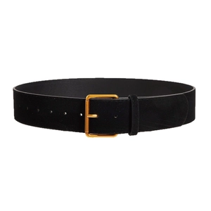 Vintage black suede wide belt with a rectangular matte gold buckle on a white background