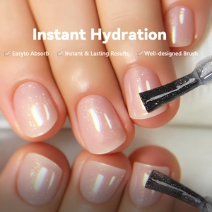 Macro shot of hydrating nail cuticle oil with fine glitter and soft applicator brush