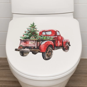 Christmas red truck with tree watercolor toilet lid sticker for festive home bathroom decor