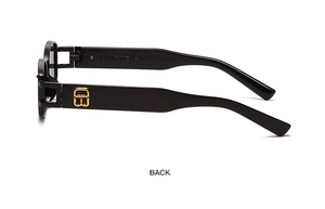 Detail view of black resin sunglasses featuring golden BB logo on the temple