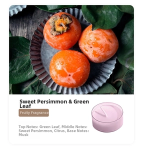 Detail of sweet persimmon and coriander tea light candle with fragrance note profile