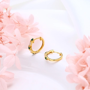 Elegant gold S925 sterling silver hoop earrings with green and clear rectangular stones