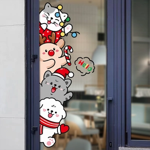 Christmas window decals featuring cartoon cat and reindeer for holiday decoration