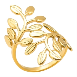 Adjustable 304 stainless steel open ring featuring a layered gold leaf plant design