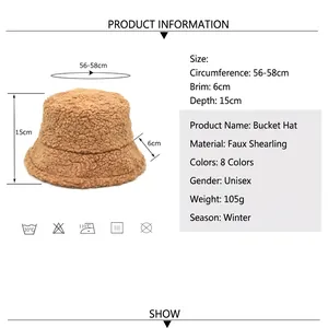 Chapeau bob en polaire marron pour femme avec peluche chaude et mesures détaillées