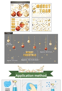 Close-up of 4-piece set Christmas window stickers featuring red gold balls and snowflakes