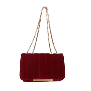 Quilted burgundy velvet chain shoulder bag with vertical stripes and gold metal trim