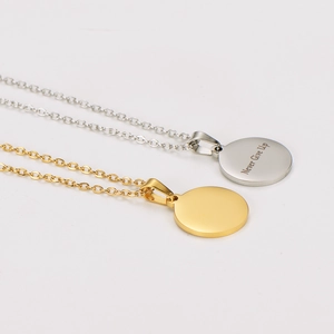Polished stainless steel round pendant necklaces with Never Give Up laser engraving