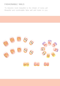 Detail showing 24pcs press-on nails with sun, rainbow, and tulip hand-painted patterns