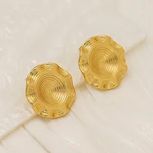 18K Gold Plated Stainless Steel Round Stud Earrings With Wave Edge Spiral Texture Geometric Minimalist Jewelry For Women