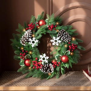 Christmas Wreath Artificial PE Pine Needles LED Warm Light Pine Cones Red Berries Snowflakes Decorative Balls Door Decor